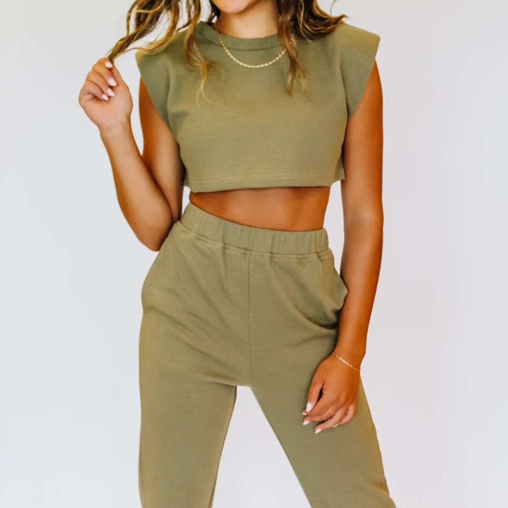 Olive Green waffle 2-piece lounge set